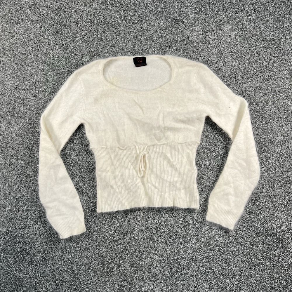 Q Womens L Angora Wool Blend Sweater Ivory Cropped Drawstring Made Korea